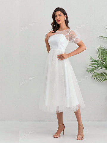 Short Wedding Dress Crew Neck Ankle Length Point Tulle Bridal Gown Short Sleeve Gorgeous Brides Graceful