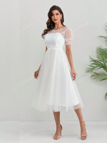 Short Wedding Dress Crew Neck Ankle Length Point Tulle Bridal Gown Short Sleeve Gorgeous Brides Graceful