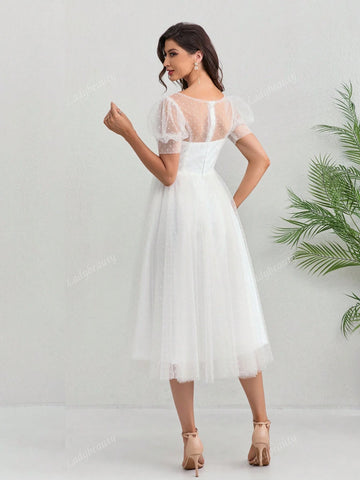 Short Wedding Dress Crew Neck Ankle Length Point Tulle Bridal Gown Short Sleeve Gorgeous Brides Graceful