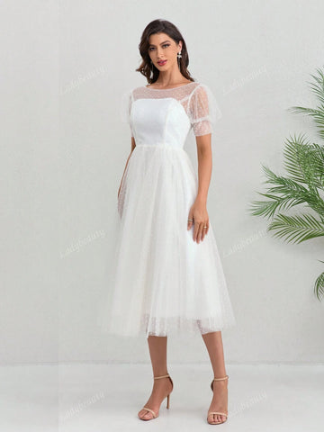 Short Wedding Dress Crew Neck Ankle Length Point Tulle Bridal Gown Short Sleeve Gorgeous Brides Graceful