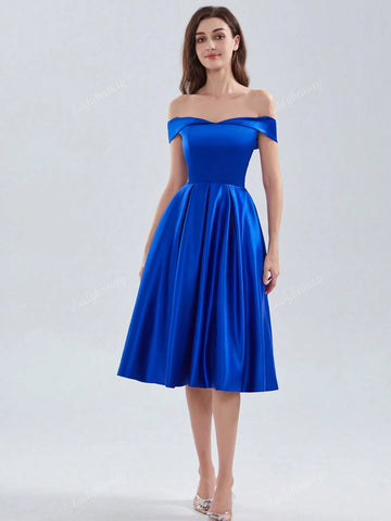 Short Wedding Vestidos De Novia Off The Shoulder Bride Gown Lace Up Back Simple Satin Prom Dresses