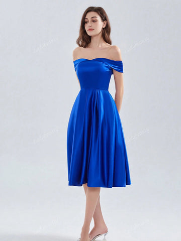 Short Wedding Vestidos De Novia Off The Shoulder Bride Gown Lace Up Back Simple Satin Prom Dresses