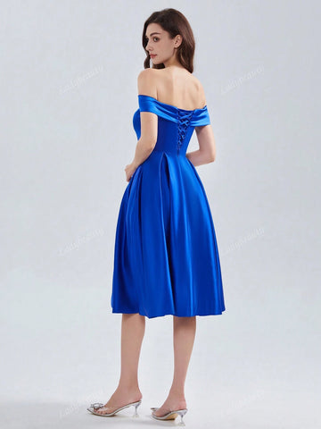 Short Wedding Vestidos De Novia Off The Shoulder Bride Gown Lace Up Back Simple Satin Prom Dresses