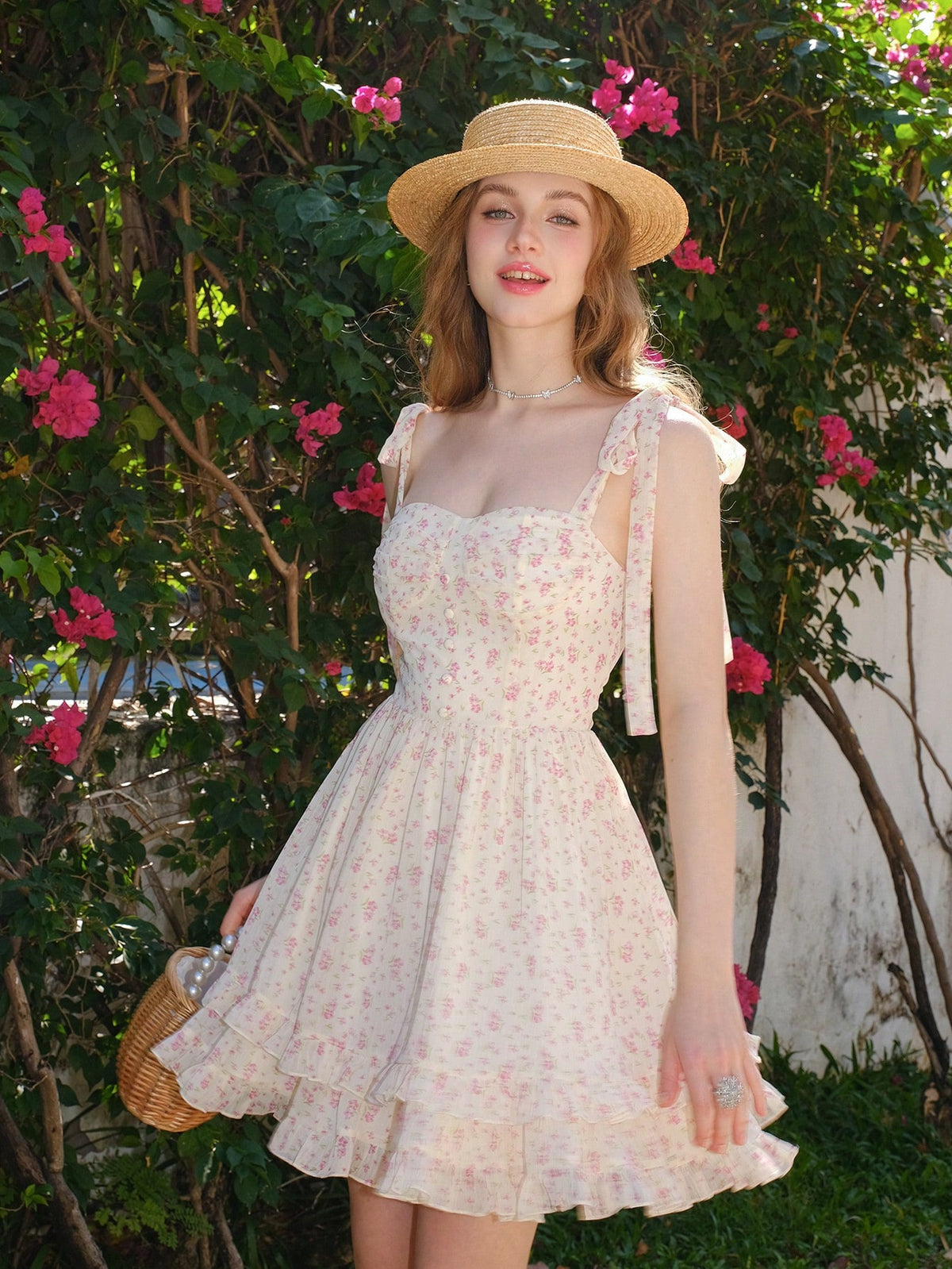 Shoulder Strap, Front Middle Buckle, Floral Print Dress