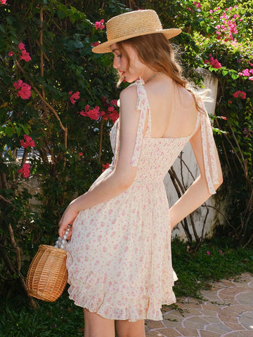 Shoulder Strap, Front Middle Buckle, Floral Print Dress