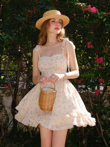 Shoulder Strap, Front Middle Buckle, Floral Print Dress