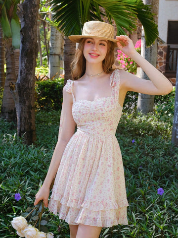 Shoulder Strap, Front Middle Buckle, Floral Print Dress