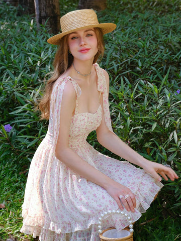 Shoulder Strap, Front Middle Buckle, Floral Print Dress