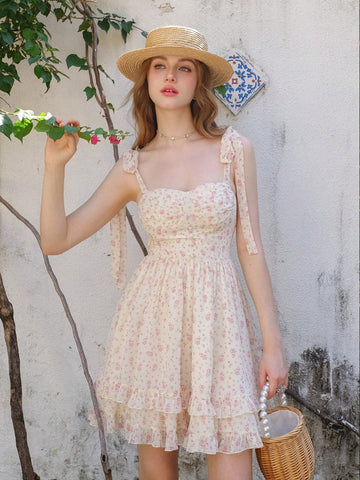 Shoulder Strap, Front Middle Buckle, Floral Print Dress