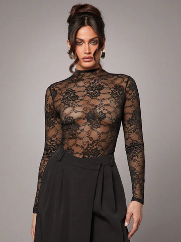 Silquee Elegant Premium Women Sheer Lace Bodysuit, Slightly Sexy For Valentine's Day Valentines Outfit