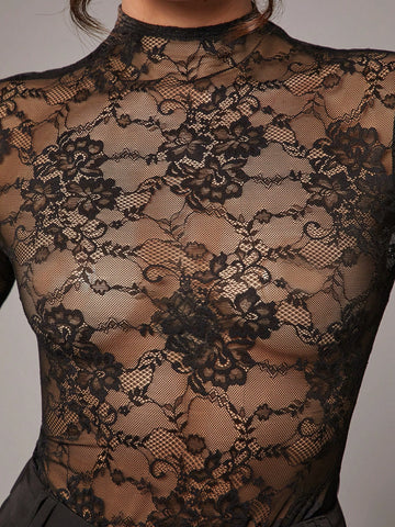 Silquee Elegant Premium Women Sheer Lace Bodysuit, Slightly Sexy For Valentine's Day Valentines Outfit