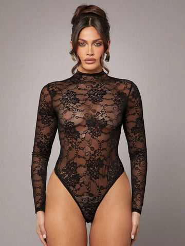 Silquee Elegant Premium Women Sheer Lace Bodysuit, Slightly Sexy For Valentine's Day Valentines Outfit