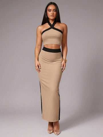 Silquee Women's Elegant Contrast Trim Decor, Solid Camel Color Super Stretchy Knit Material, Sweetheart Neck Backless Top + Mini Skirt 2-Piece Set, Casual Dates, Gatherings, Parties