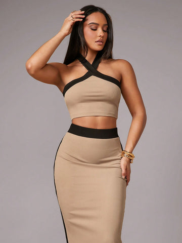 Silquee Women's Elegant Contrast Trim Decor, Solid Camel Color Super Stretchy Knit Material, Sweetheart Neck Backless Top + Mini Skirt 2-Piece Set, Casual Dates, Gatherings, Parties