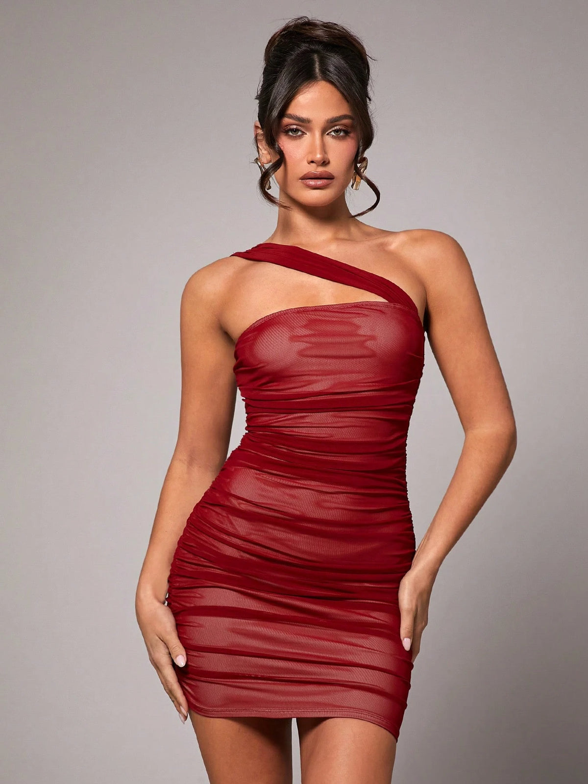 Silquee Women's Elegant Ruched Stretchy Mesh Off Shoulder Mini Dress, Suitable For Dates, Parties, Wedding Guests, Prom, Halloween, Christmas, Highly Photogenic