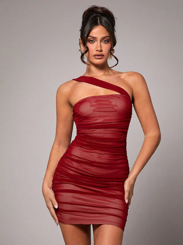 Silquee Women's Elegant Ruched Stretchy Mesh Off Shoulder Mini Dress, Suitable For Dates, Parties, Wedding Guests, Prom, Halloween, Christmas, Highly Photogenic