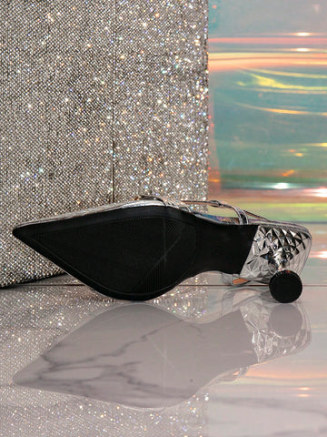 Silver High Heel Closed Toe Chain Decor Fashion Sandals