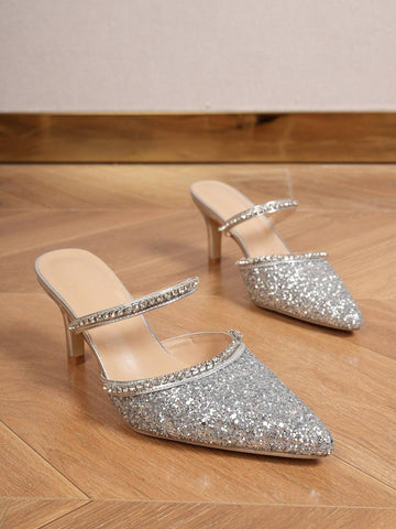 Silver Sequined Pointed Toe High Heel Sandals For Women