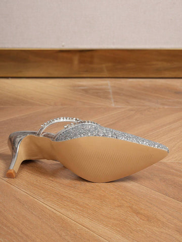 Silver Sequined Pointed Toe High Heel Sandals For Women