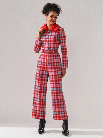 Simone Rogers Womens Plaid Belted Jumpsuit With Detachable Fur Collar