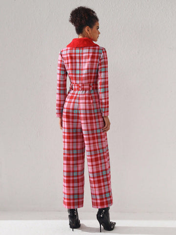 Simone Rogers Womens Plaid Belted Jumpsuit With Detachable Fur Collar