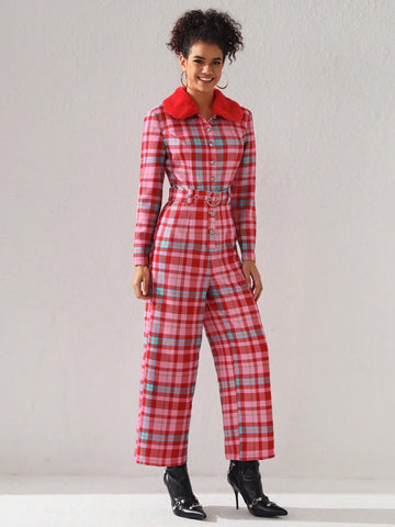 Simone Rogers Womens Plaid Belted Jumpsuit With Detachable Fur Collar