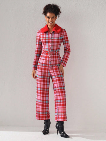 Simone Rogers Womens Plaid Belted Jumpsuit With Detachable Fur Collar