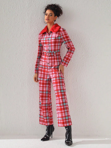 Simone Rogers Womens Plaid Belted Jumpsuit With Detachable Fur Collar