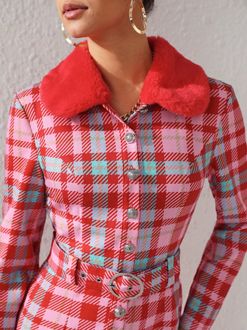 Simone Rogers Womens Plaid Belted Jumpsuit With Detachable Fur Collar