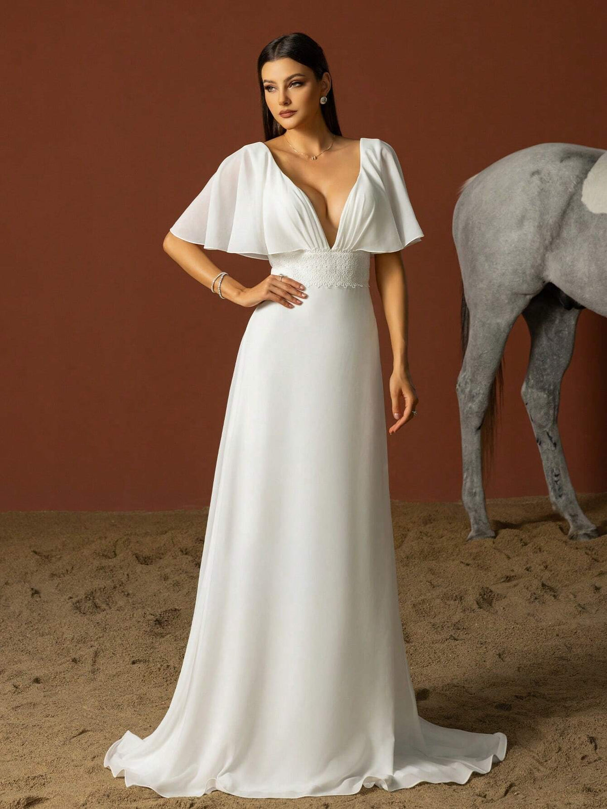 Simple A-Line Wedding Dress With Sweetheart Neckline And Ruffled Sleeves In French Style