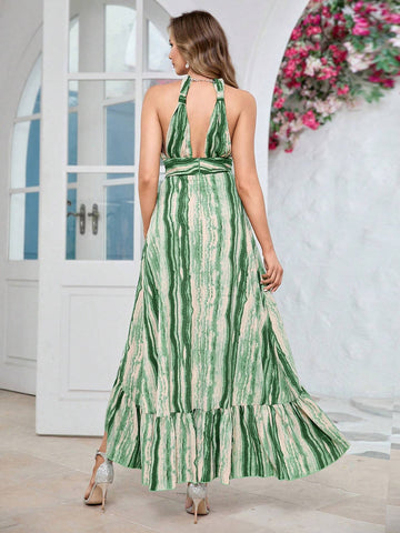 Simple And Elegant Spaghetti Strap Contrast Lace Dress With Ruffle Hem