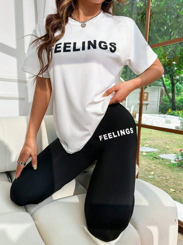 Simple And Versatile Contrasting Color Leggings Set