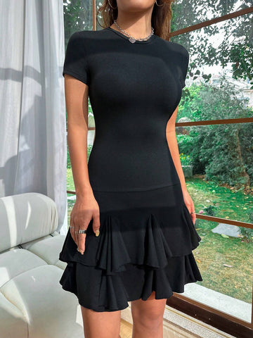 Simple Double-Layered Ruffle Hem Bodycon Dress