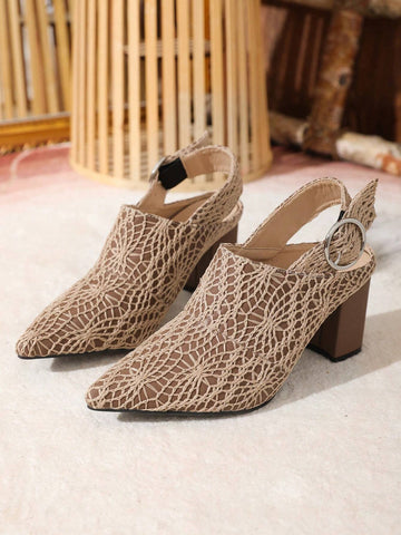 Simple Embroidered Pu Material Pointed Toe Chunky High Heel Shoes With Ankle Strap For Women