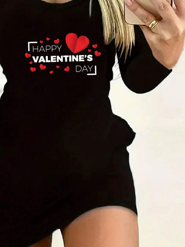 Simple Fashion Happy Valentine's Day English Letter Pattern Casual And Comfortable Long Sleeve Short Dress, Suitable For Girls' Clothing