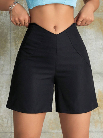Simple High V-Waist Zipper Back Solid Wide Leg Mini Shorts Summer Outdoor Outfit