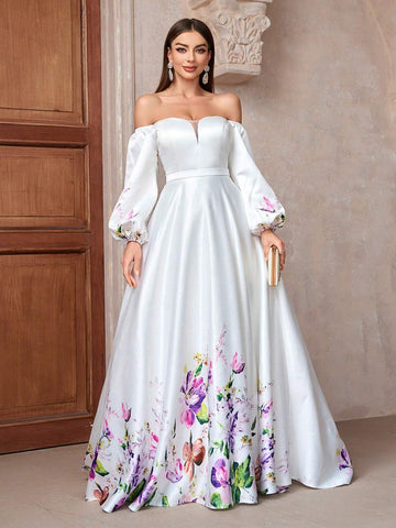 Simple Ladies Printed Wedding Dress With Small Train