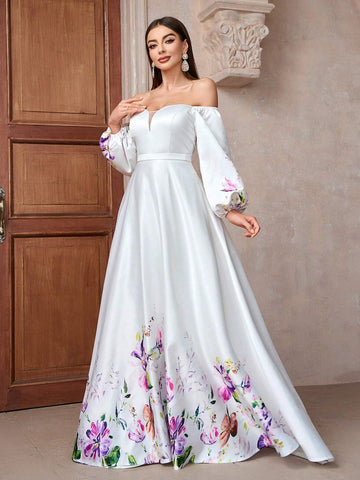 Simple Ladies Printed Wedding Dress With Small Train