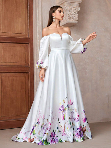Simple Ladies Printed Wedding Dress With Small Train