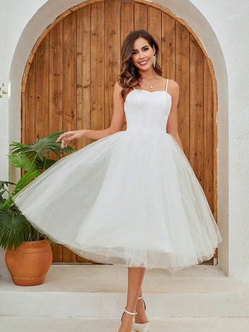 Simple Mesh Spaghetti Strap Wedding Dress