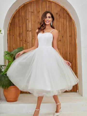 Simple Mesh Spaghetti Strap Wedding Dress