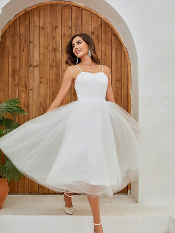Simple Mesh Spaghetti Strap Wedding Dress