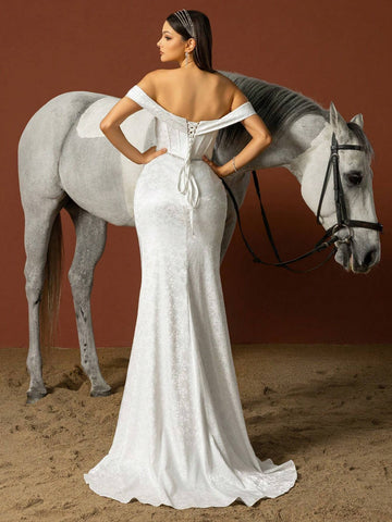 Simple Off Shoulder French Style Lightweight Wedding Dress