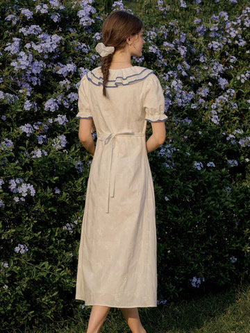 Simple Retro Casual A-Line Dress With Contrast Button Detail On Navy Collar