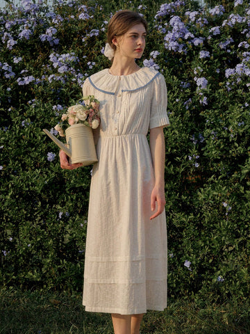 Simple Retro Casual A-Line Dress With Contrast Button Detail On Navy Collar