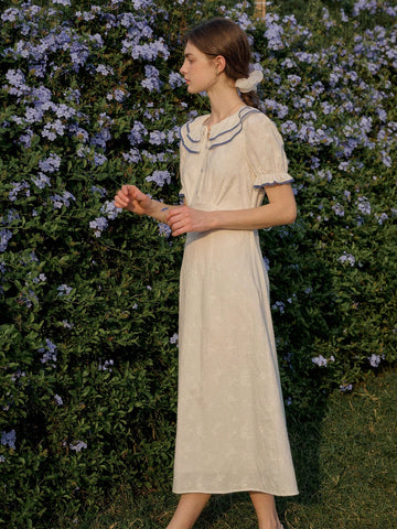 Simple Retro Casual A-Line Dress With Contrast Button Detail On Navy Collar