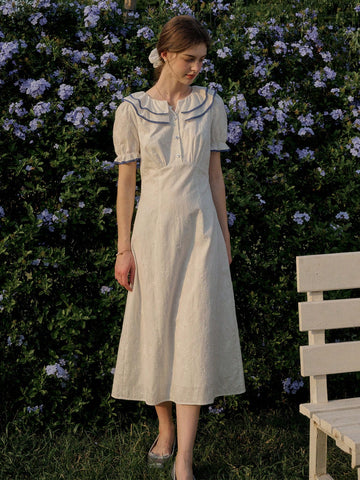 Simple Retro Casual A-Line Dress With Contrast Button Detail On Navy Collar