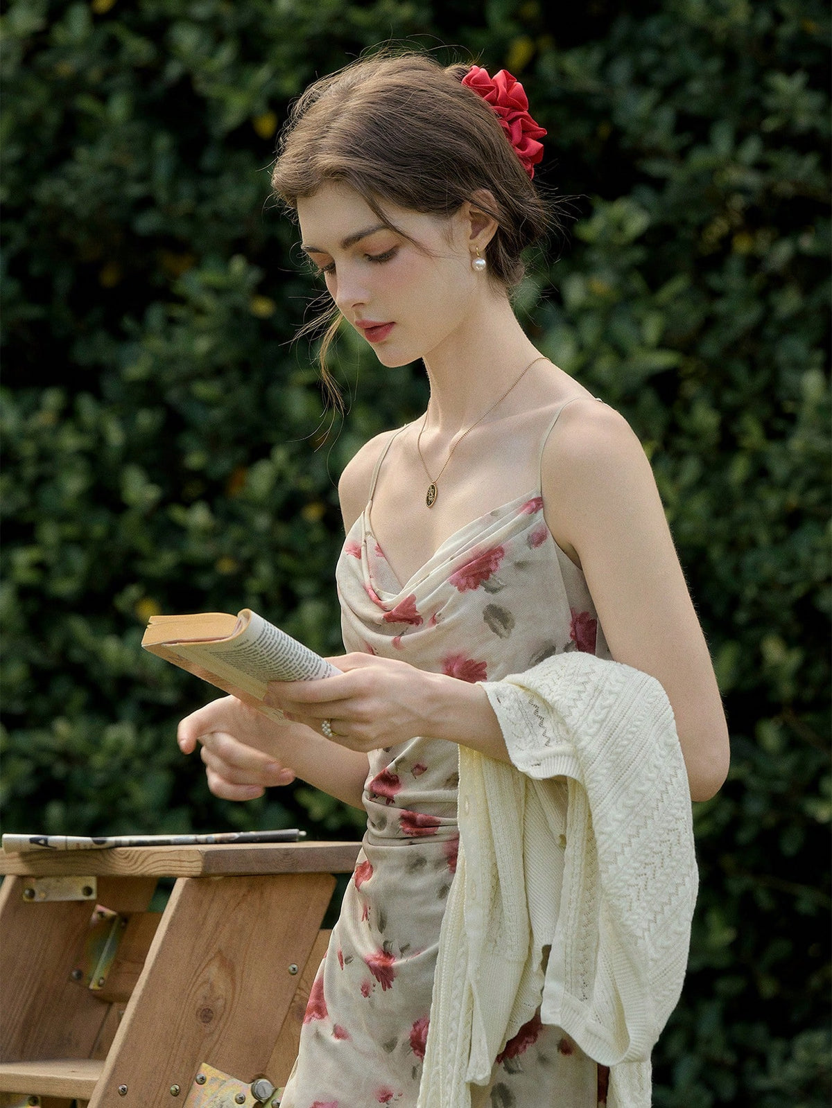Simple Retro Ladies' Floral Print Mesh Cowl Collar Cami Sundress