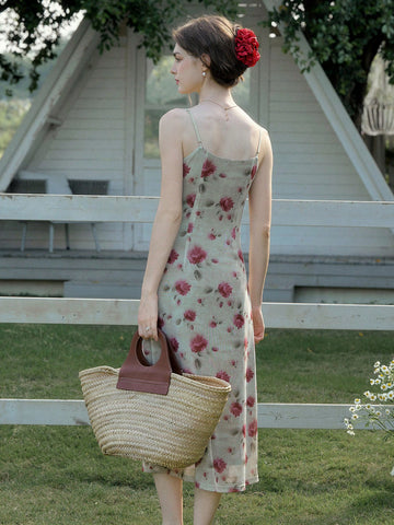 Simple Retro Ladies' Floral Print Mesh Cowl Collar Cami Sundress