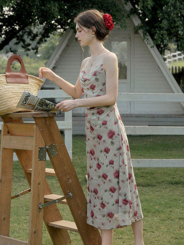 Simple Retro Ladies' Floral Print Mesh Cowl Collar Cami Sundress